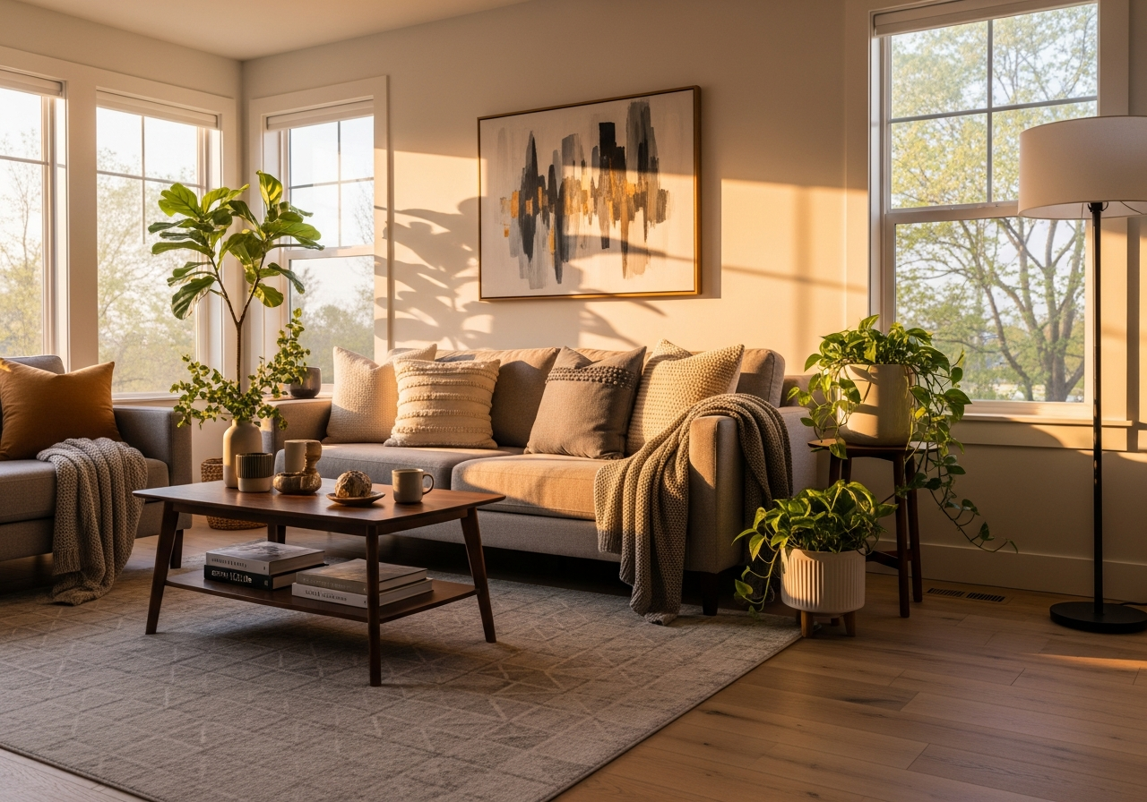 Warm, comfortable living room kept cozy year-round