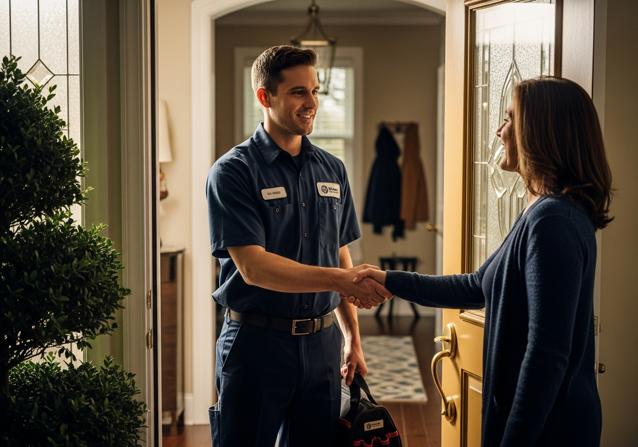 Friendly All Weather technician greeting a homeowner at the door