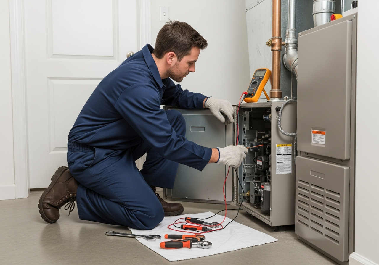 Licensed All Weather technician repairing a home furnace